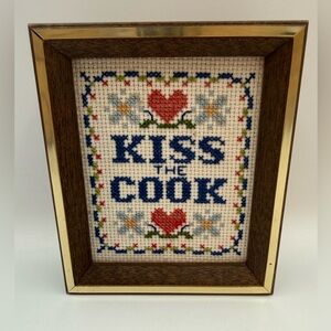 Vtg Kiss the Cook Needlepoint Embroidery Small Framed Completed Wall Art 6x5”